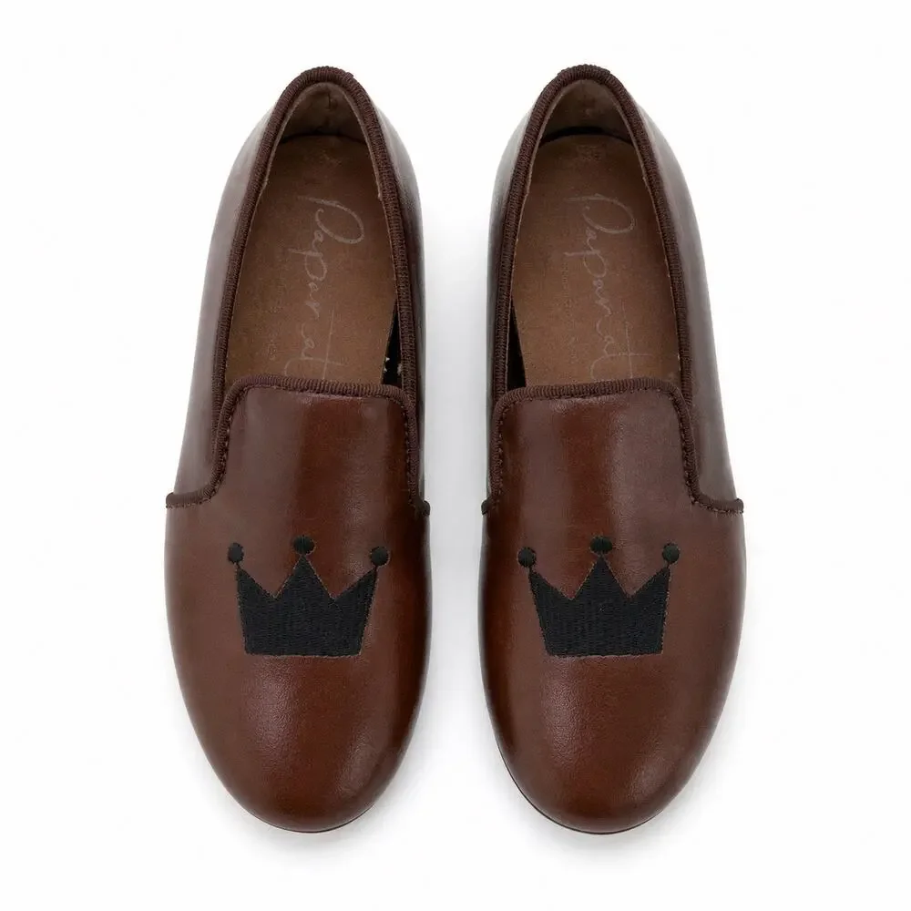 PAPANATAS Boys Leather Crown Embroidered Loafers European Shoes